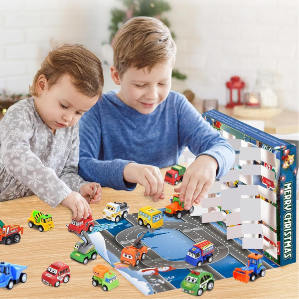 Adventes kalendārs ar būvniecības un sacīkšu automobiļiem