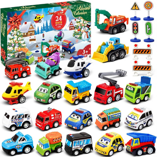 Adventes kalendārs ar būvniecības un sacīkšu automobiļiem