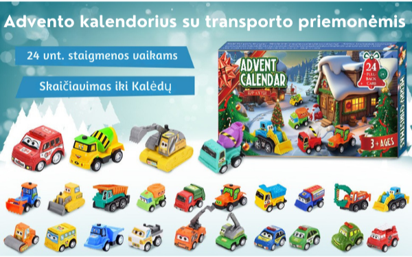 Adventes kalendārs ar būvniecības un sacīkšu automobiļiem