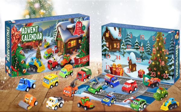 Adventes kalendārs ar būvniecības un sacīkšu automobiļiem