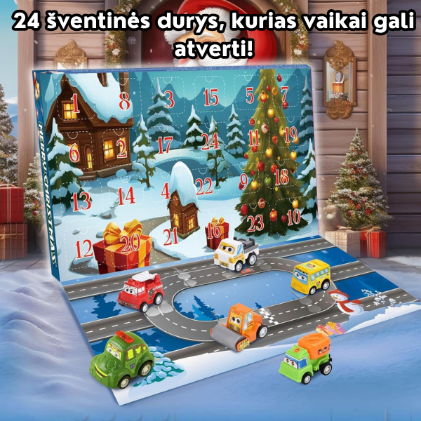 Adventes kalendārs ar būvniecības un sacīkšu automobiļiem
