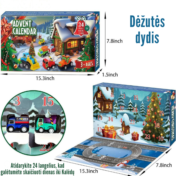 Adventes kalendārs ar būvniecības un sacīkšu automobiļiem