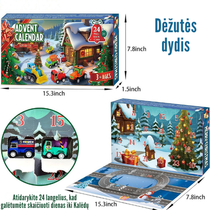 Adventes kalendārs ar būvniecības un sacīkšu automobiļiem